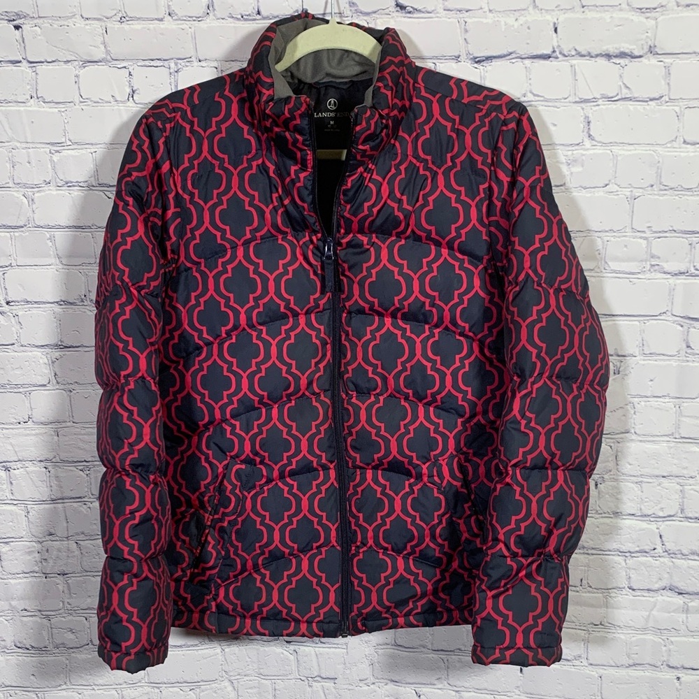 Lands' End Girls Down Puffer Coat Pink & Navy Print Size M (10-12) Casual Warm